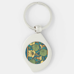 Blauw gele Nasturtium Flower Nouveau Pattern Sleutelhanger