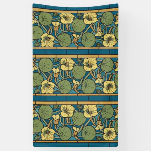 Blauw gele Nasturtium Flower Nouveau Pattern Spandoek (Verticaal)