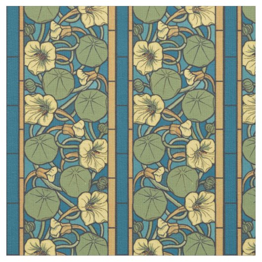 Blauw gele Nasturtium Flower Nouveau Pattern Stof (Close Up)