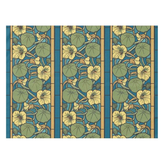 Blauw gele Nasturtium Flower Nouveau Pattern Tafelkleed (Voorkant (Horizontaal))