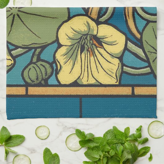 Blauw gele Nasturtium Flower Nouveau Pattern Theedoek (Gevouwen)