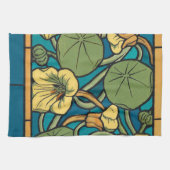 Blauw gele Nasturtium Flower Nouveau Pattern Theedoek (Horizontaal)