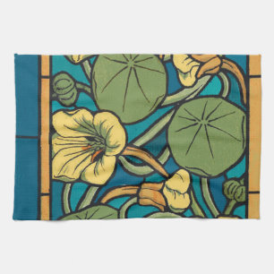 Blauw gele Nasturtium Flower Nouveau Pattern Theedoek