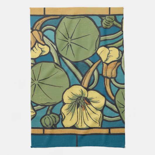 Blauw gele Nasturtium Flower Nouveau Pattern Theedoek (Verticaal)