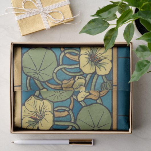 Blauw gele Nasturtium Flower Nouveau Pattern Tissuepapier (Geschenk)