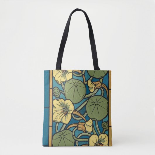 Blauw gele Nasturtium Flower Nouveau Pattern Tote Bag (Voorkant)