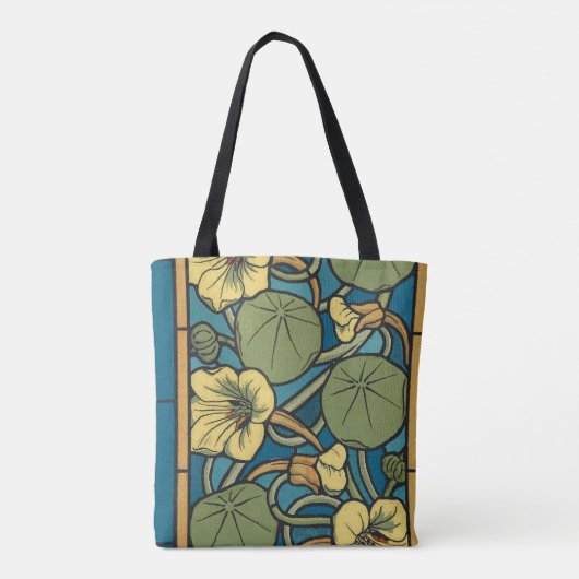 Blauw gele Nasturtium Flower Nouveau Pattern Tote Bag (Achterkant)