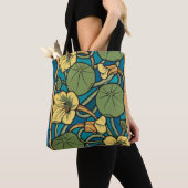 Blauw gele Nasturtium Flower Nouveau Pattern Tote Bag (Dichtbij)