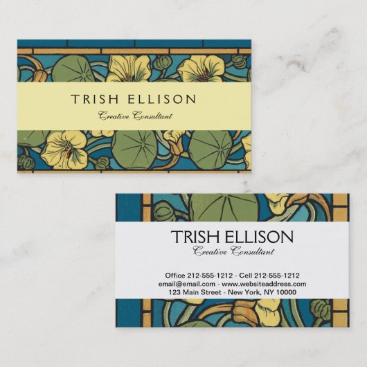 Blauw gele Nasturtium Flower Nouveau Pattern Visitekaartje (Voorkant / Achterkant)