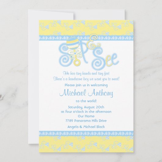 Blauw gele Rattle Lace Sip N Zie Baby shower Kaart (Voorkant)