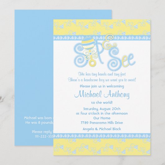Blauw gele Rattle Lace Sip N Zie Baby shower Kaart (Voorkant / Achterkant)