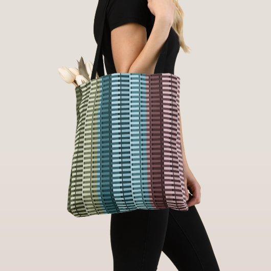 Blauw-gele rode, moderne grafische vormgeving tote bag (Dichtbij)