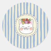 Blauw Gele Strepen Kat Ronde Sticker (Voorkant)
