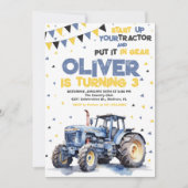 Blauw Gele Tractor Verjaardagsfeestje Kaart (Voorkant)
