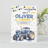 Blauw Gele Tractor Verjaardagsfeestje Kaart (Staand voorkant)