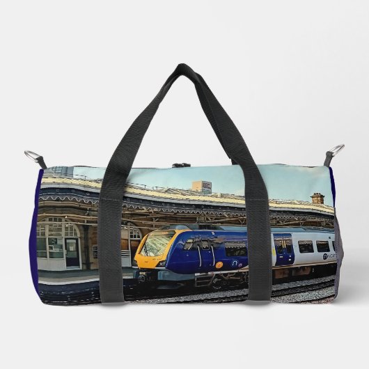 Blauw-gele trein, op het station plunjezak (Voorkant)