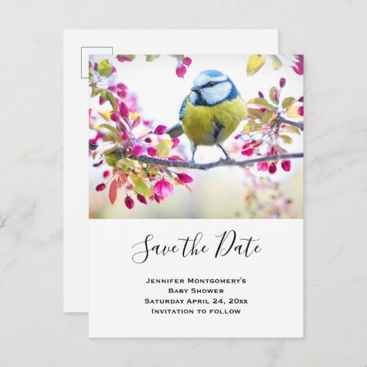 Blauw & gele vogelfoto Opslaan datum Uitnodiging Briefkaart (Voorkant / Achterkant)