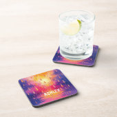 Blauw Gele Waterverf Regendruppels Kleurrijk Bier Onderzetter (Rechterzijde)