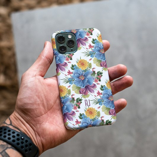 Blauw & Gele Waterverven Bloemen Patroon Monogram Case-Mate iPhone Case