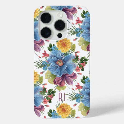 Blauw & Gele Waterverven Bloemen Patroon Monogram Case-Mate iPhone Case (Achterkant)