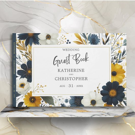 Blauw Gele Wildbloemen Elegante Bruiloft Gastenboek