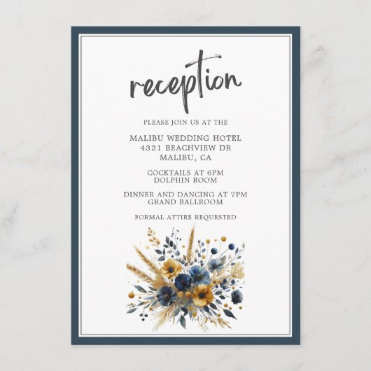 Blauw Gele Wildbloemen Elegante bruiloft receptie Informatiekaartje (Voorkant)