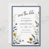 Blauw Gele Wildbloemen Elegante Bruiloft Save The Date (Voorkant)