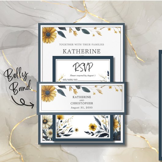 Blauw Gele Wildbloemen Elegante Bruiloft Uitnodigingen Wikkel