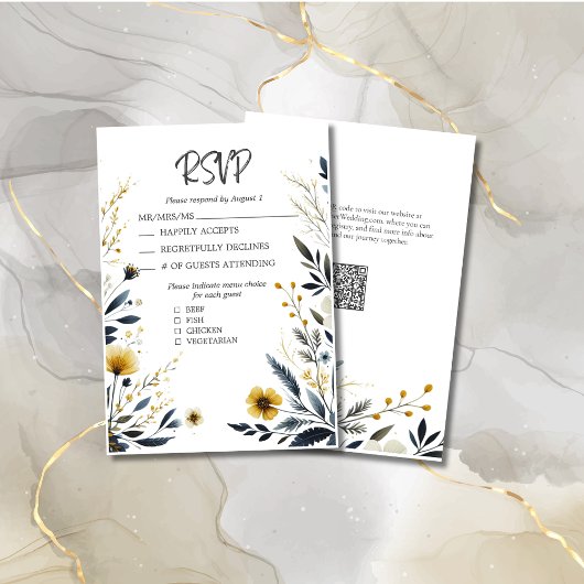 Blauw Gele Wildbloemen Elegante QR Code Bruiloft RSVP Kaartje