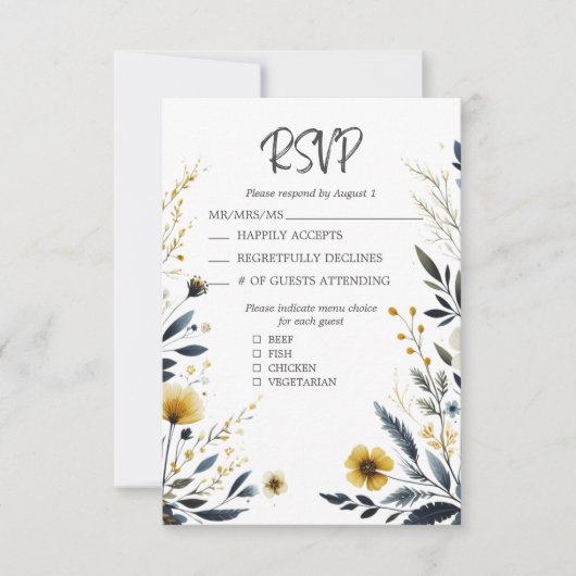 Blauw Gele Wildbloemen Elegante QR Code Bruiloft RSVP Kaartje (Voorkant)