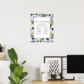 Blauw Gele Witte Bloemige Trouwfeest Poster (Thuiskantoor)