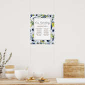 Blauw Gele Witte Bloemige Trouwfeest Poster (Keuken)