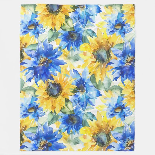 Blauw Gele Zonnebloemen Fleece Deken (Voorkant)