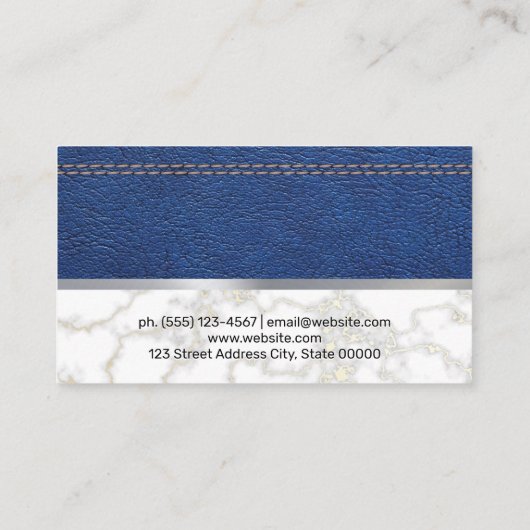Blauw gelekt leder | Witte marmer met metalen rand Visitekaartje (Achterkant)