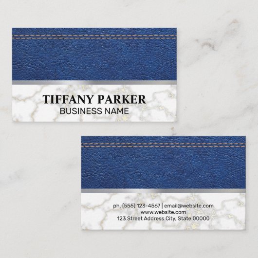 Blauw gelekt leder | Witte marmer met metalen rand Visitekaartje (Voorkant / Achterkant)