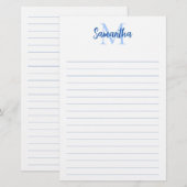 Blauw Gelijnde Minimalistische Monogram Briefpapier (Voorkant / Achterkant)