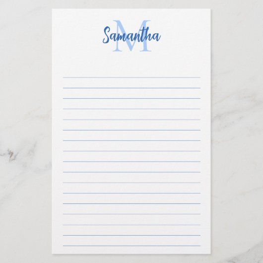Blauw Gelijnde Minimalistische Monogram Briefpapier (Voorkant)