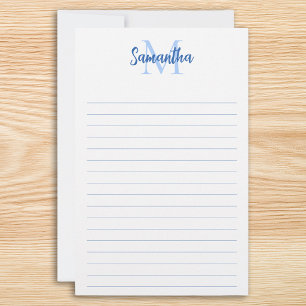 Blauw Gelijnde Minimalistische Monogram Briefpapier