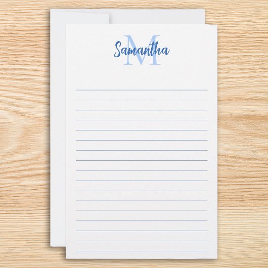 Blauw Gelijnde Minimalistische Monogram Briefpapier