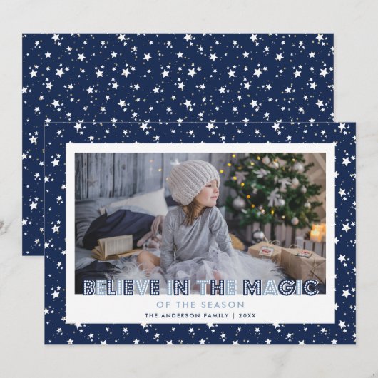 Blauw gelooft in de foto van de magische sterren feestdagenkaart (Voorkant / Achterkant)