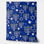 Blauw Gelukkig Chanoeka Ster van David Menorah Mod Behang<br><div class="desc">Blauwe Happy Chanoeka Star Of David Menorah Modern Pattern Peel and Stick Wallpaper heeft een sprankelende blauwe achtergrond met een menora en een ster van David overlay. Perfecte huisinrichting voor Chanoeka. Creëer door Evco Feestdagen www.zazzle.com/store/evcostudio</div>