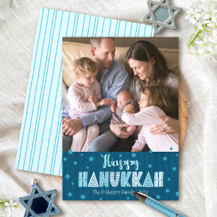 Blauw Gelukkig Hanukkah Foto Moderne Pret Typograp Feestdagenkaart