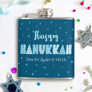 Blauw Gelukkig Hanukkah Pret Type Davidster Naam Heupfles