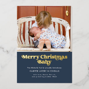 Blauw Gelukkig Kerstmis Baby Folie Geboorteaankond Feestdagenkaart