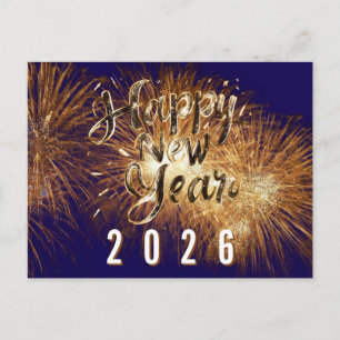 Blauw Gelukkig Nieuwjaar 2026 gouden details vuurw Briefkaart