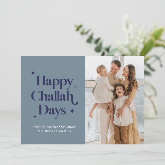 Blauw Gelukkige Challah Dagen Hanukkah Familie Fot Feestdagenkaart (Staand voorkant)