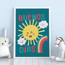 Blauw Gelukkige Zon Kinderkamer Kunst in het Spaan Poster