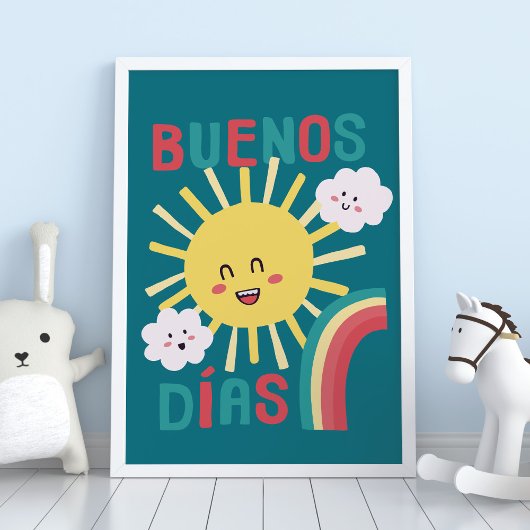 Blauw Gelukkige Zon Kinderkamer Kunst in het Spaan Poster