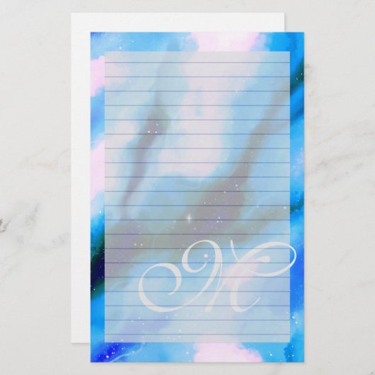 Blauw gemarmerd buitenste ruimte Abstract monogram Briefpapier (Voorkant / Achterkant)