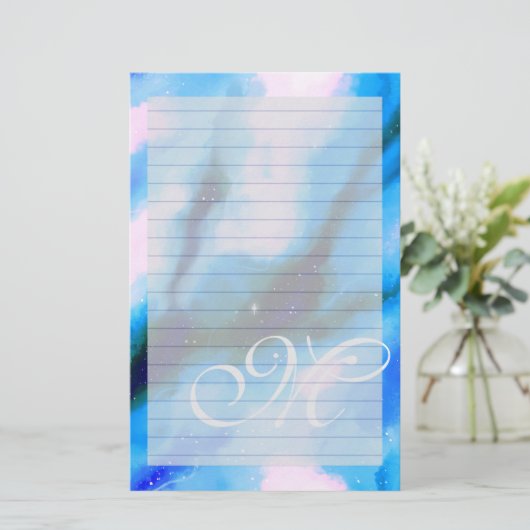 Blauw gemarmerd buitenste ruimte Abstract monogram Briefpapier (Staand voorkant)